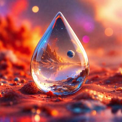 The primary subject of the image is a single drop of water, which is the main focus of the scene. The setting is a desert-like environment, with a sandy surface visible in the background. The visual style of the image is digital art, as it appears to be a computer-generated or manipulated image. The dominant colors in the image are red and orange, creating a warm and vibrant atmosphere.